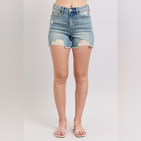 Judy Blue Full Size High Rise Washed Fly Stitch Detail and Destroy Denim Shorts - Picture 5 of 16